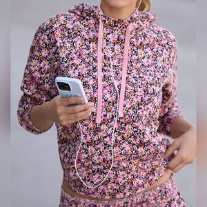 Daily Practice Anthropologie Drawstring Hooded Sweatshirt, Pink Floral Combo, S